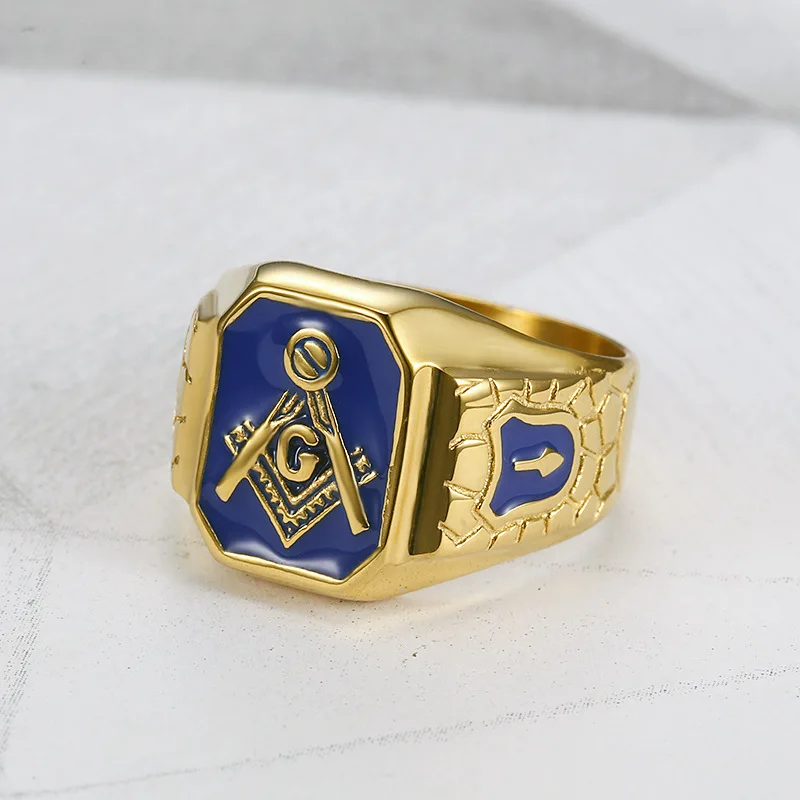 ULJ Vintage Gold Blue Color Side for Men\'s Jewelry Freemason Symbol G Templar Freemasonry Male Stainless Steel Rings