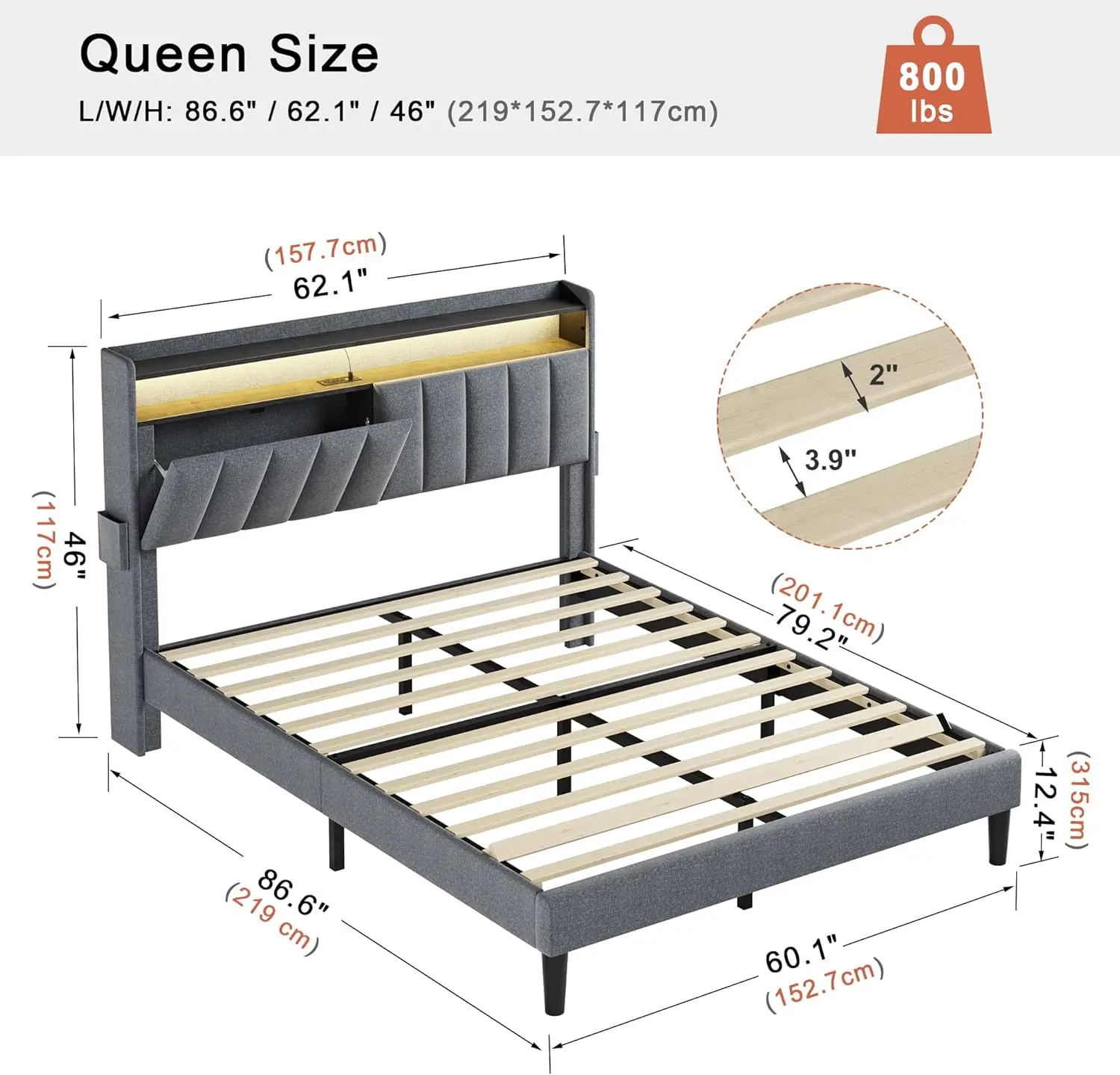 Quadro cama queen com armazenamento cabeceira e Footboard, plataforma estofada moderna, luzes led, portas USB e Tomadas