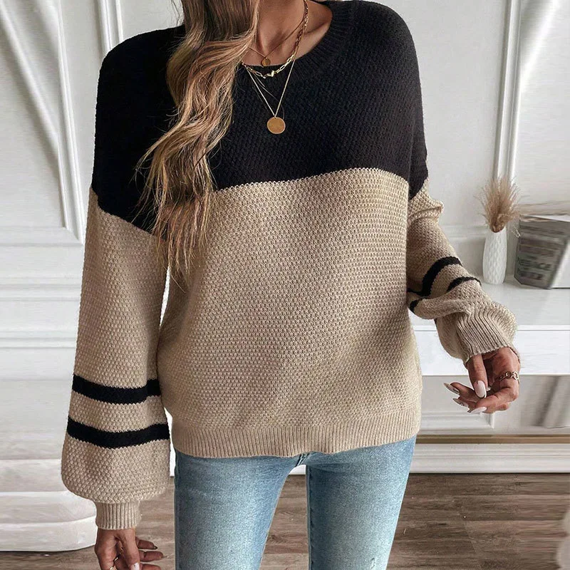 Elegant Sweater Woman Winter New Sweater Womens Striped Color-blocked Long-sleeved Round Neck Pullover Knitted Versatile Sweater