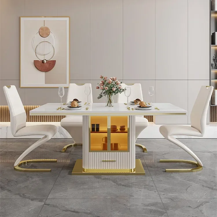 Luxury Slate Marble Modern Stainless Steel Rectangular White Dining Room Table Set With 6 Seater Restaurant 4 Chair Furniture
