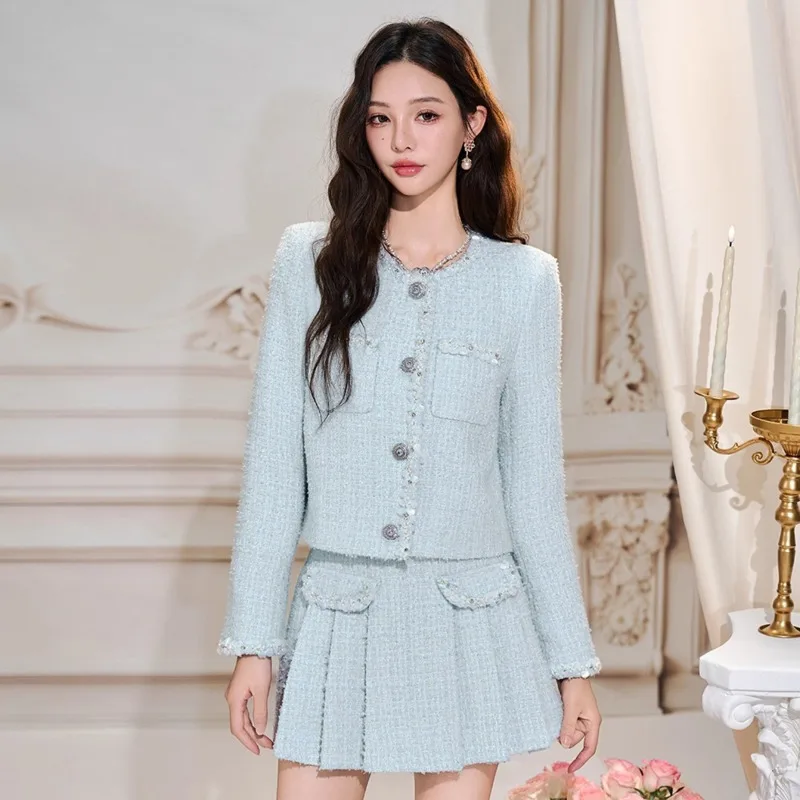 

High Quality French Luxury Tweed 2 Piece Set Women Jacket Coat + Pleated Skirt Sets Conjuntos Femininos Fashion Two Piece Outfit