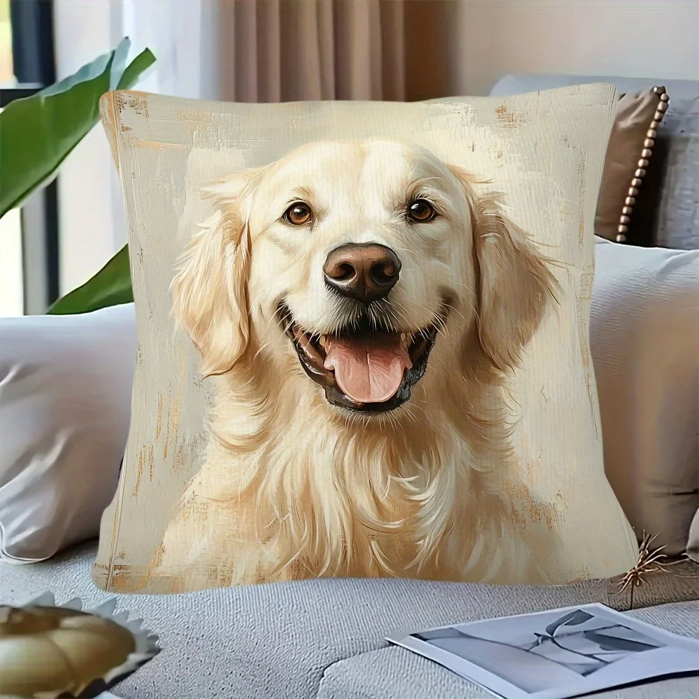 1pc Vintage Oil Painting Golden Retriever Throw Pillow Cover,Suitable for Sofa,Bedroom,Living Room,A Warm Gift for Dog Lovers