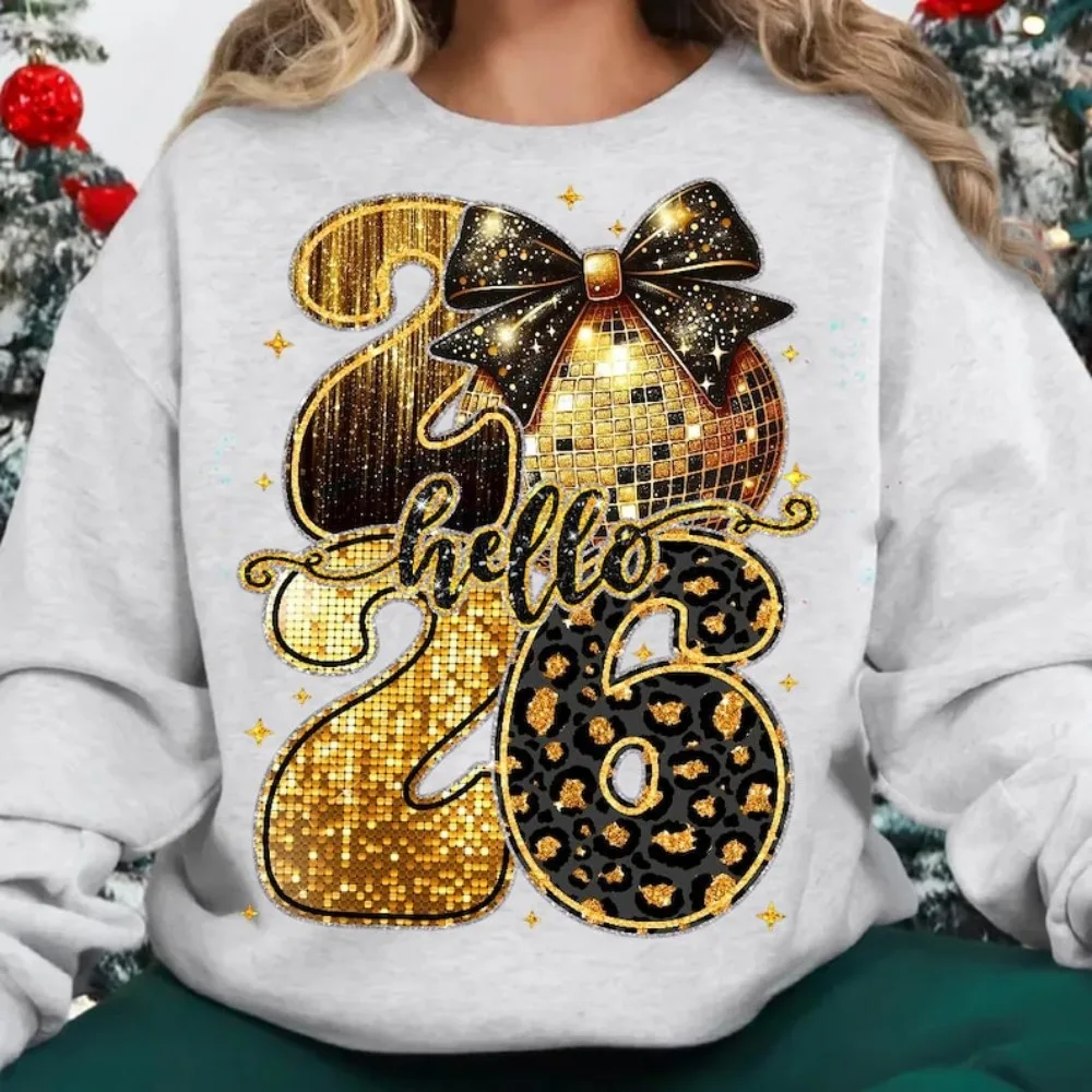 Happy New Year 2026 Hoodie Trendy New Years Eve Pullover Black and Gold Sequins Glitter Tops Faux Leopard New Year Pullover
