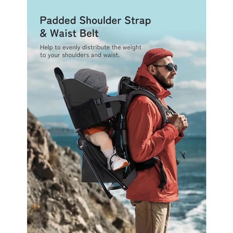 Baby Backpack Carrier, Toddler Hiking Backpack with Safety 3-Height Seat, Adjustable Straps&Waist Belt, Foldable Frame