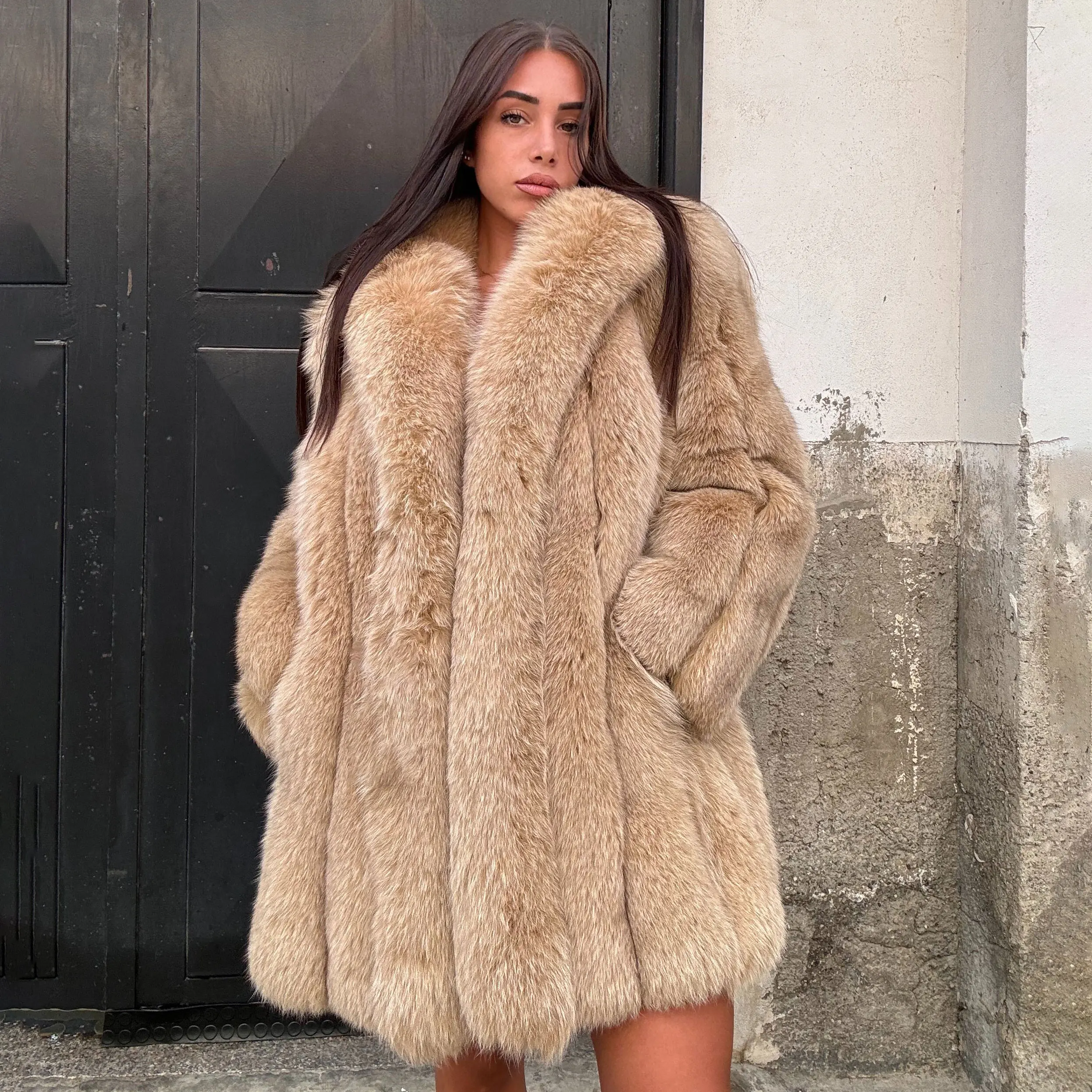 Luxury Women Elegant Real Natural Fox Fur Long Coat Full Pelt Jacket Winter Fashion Genuine Fox Fur Warm Thick Outerwear