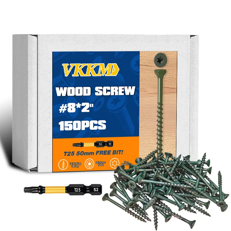 

VKKM Deck Screws 1 to 2inch,Wood Screws #8 x 1" to 2",150 to 300 PCS,Rust Resistant Coated,T25 Star Bit Included,Green