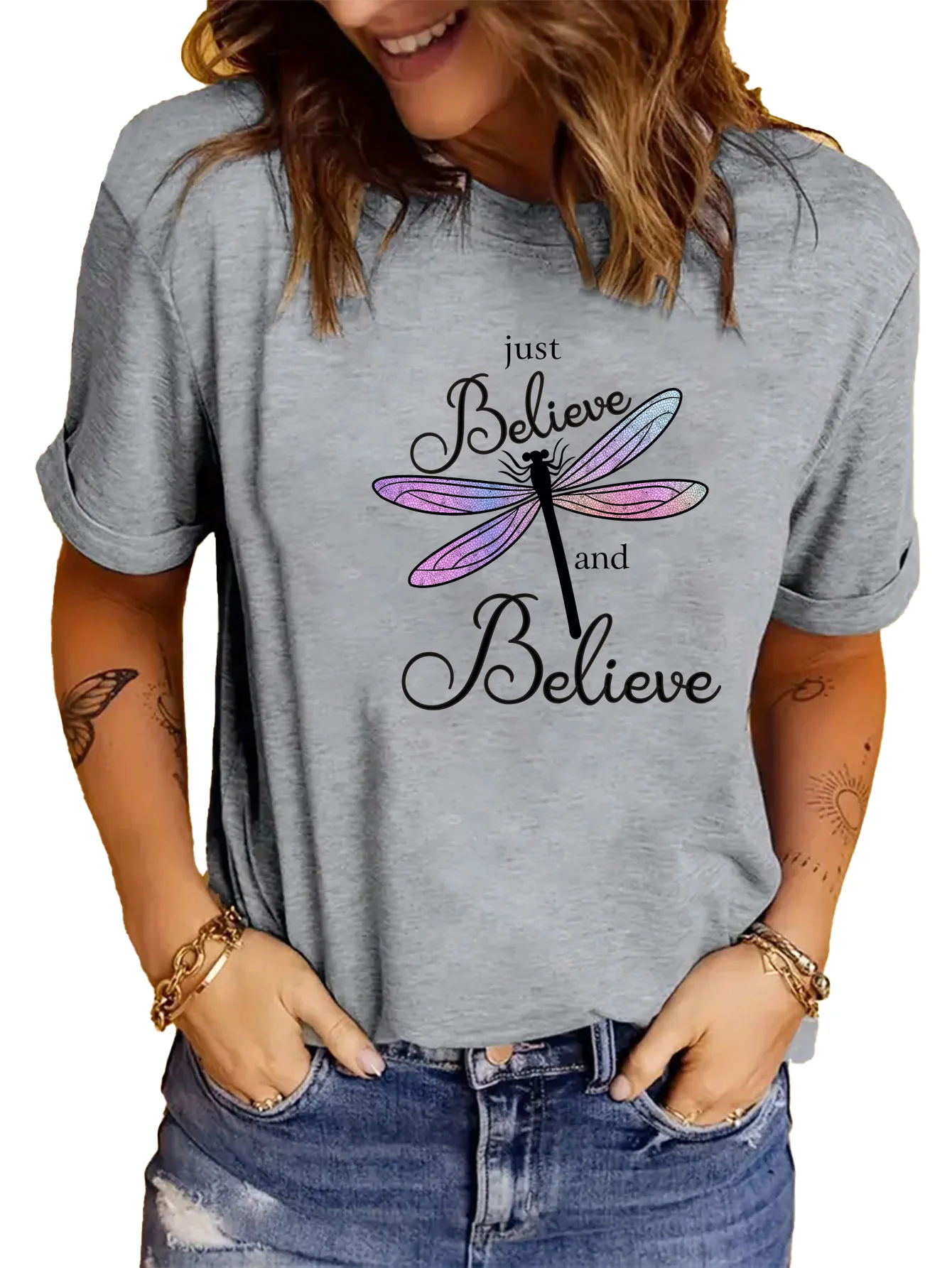 

2024 Summer Women's Fashion Dragonfly Print monogram T-shirt Women's short-sleeved shirt Unisex Vintage Street T-shirt Custom T-