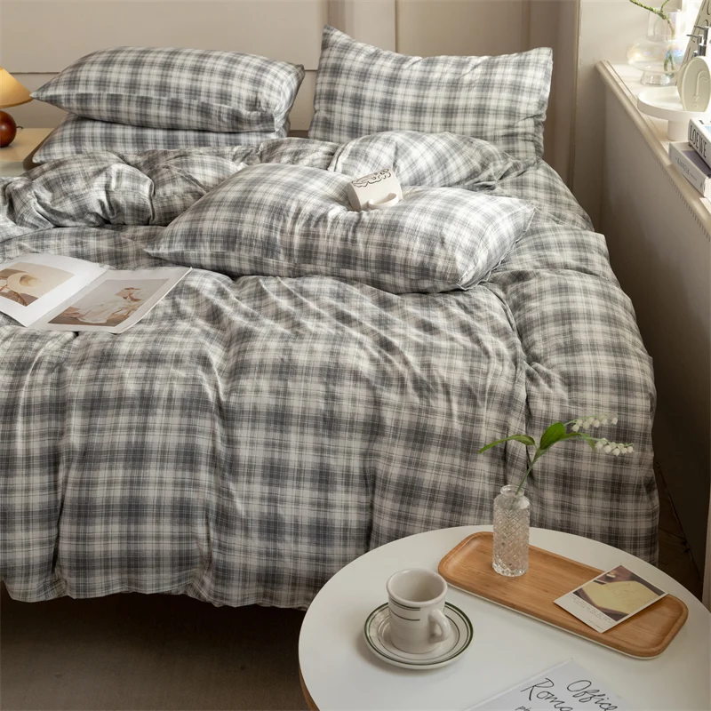 Plaid Striped 100% Washed Cotton Bedding Set Skin-friendly Soft Duvet Cover Set Bed Linen Sheet Quilt Cover Single Double Queen