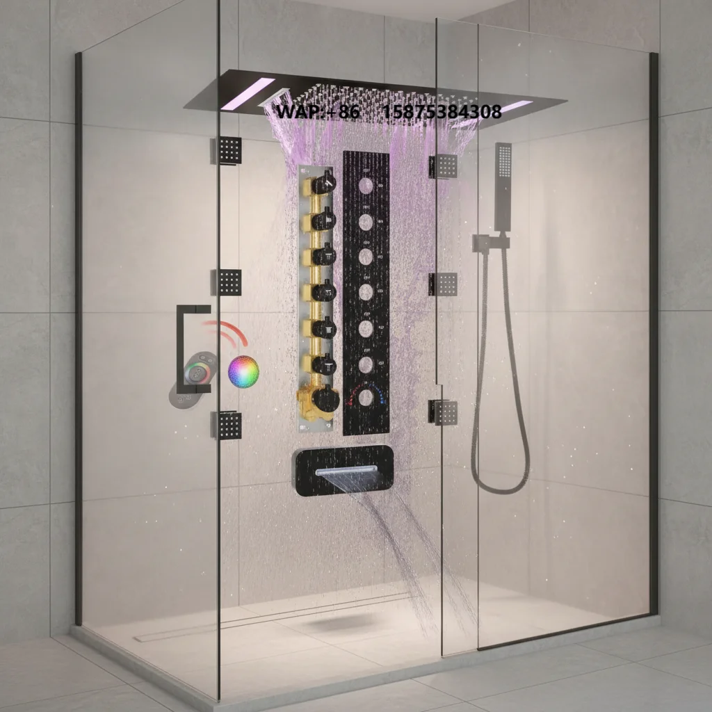 LED Multi-Function Full-Body Shower System 6 Body Jets Rainfall Mist Spray Up/Down Adjustable Shower Spout 14x20-Inch Faucet