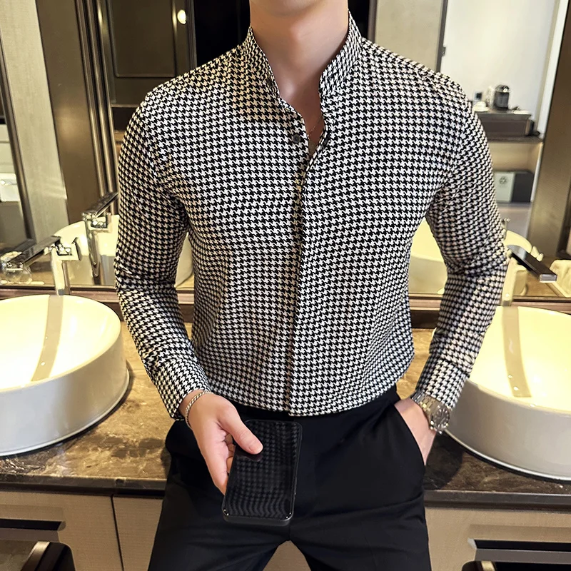 Houndstooth Shirts For Men High Quality Stand Collar Long Sleeve Men's Social Shirt Slim Fit Korean Designer Luxury Clothing 4XL