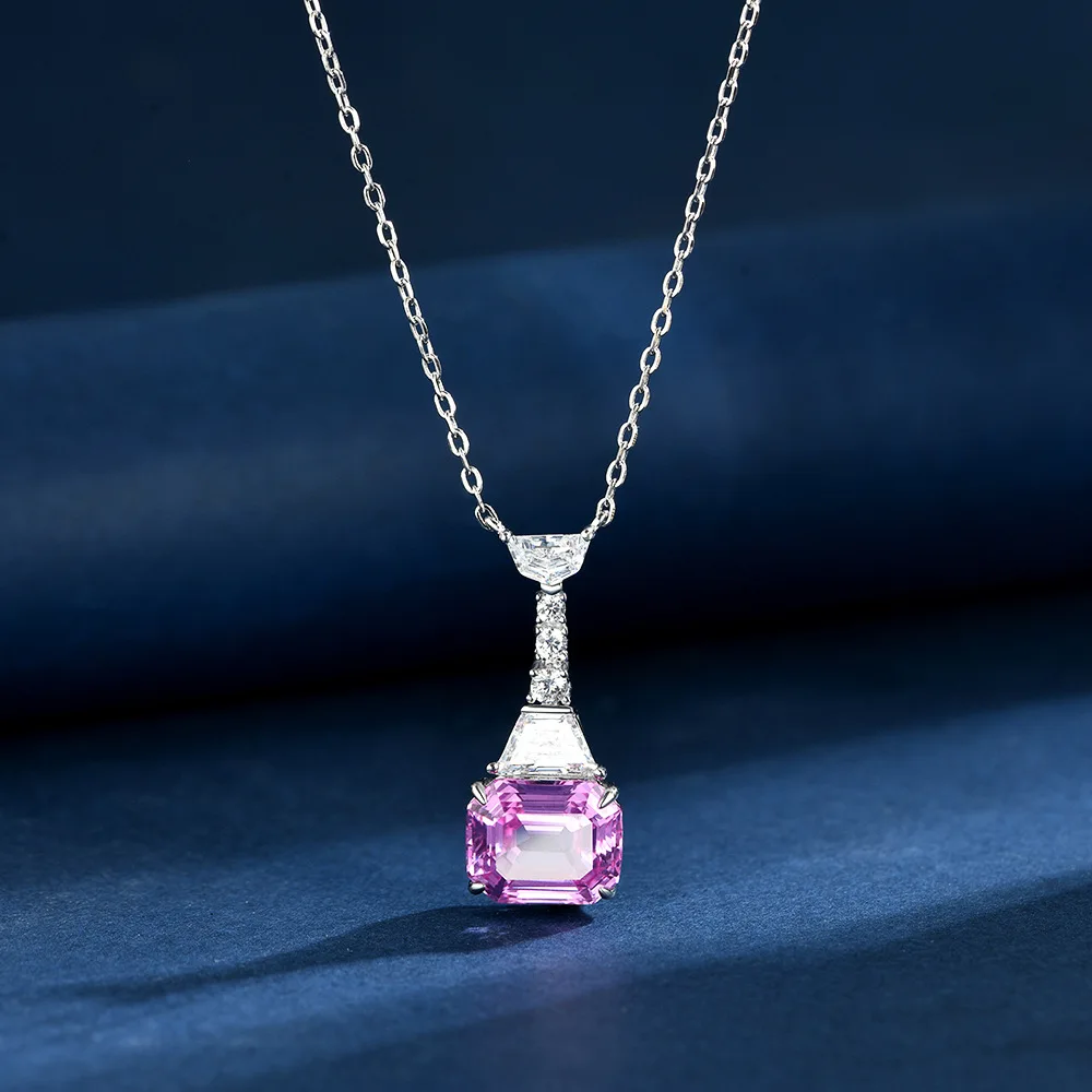 

New S925 Silver 6ct Rectangular 9 * 11 Fairy Pink Cultivation Blue Treasure Versatile Fashion Silver Necklace Wedding Jewelry