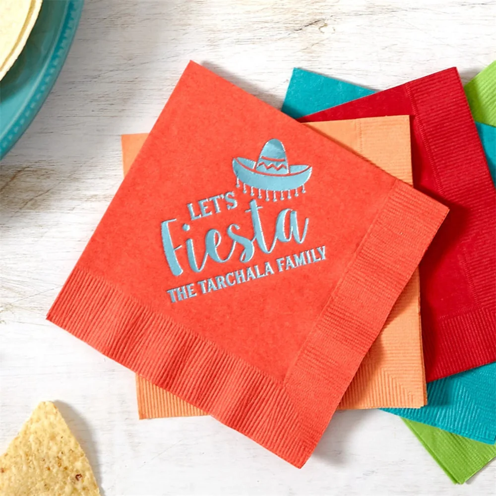 

Customized Let's Fiesta Beverage Napkins - Cocktail Napkin, Taco Party, Birthday, Wedding, Shower, Anniversary, Retirement