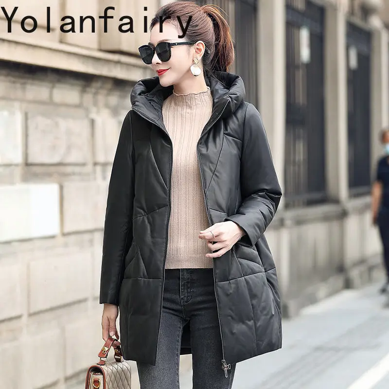 Yolanfairy jaquetas de couro feminino genuíno pele carneiro longo para baixo jaqueta casual inverno com capuz casacos pequenos nova jaqueta feminina
