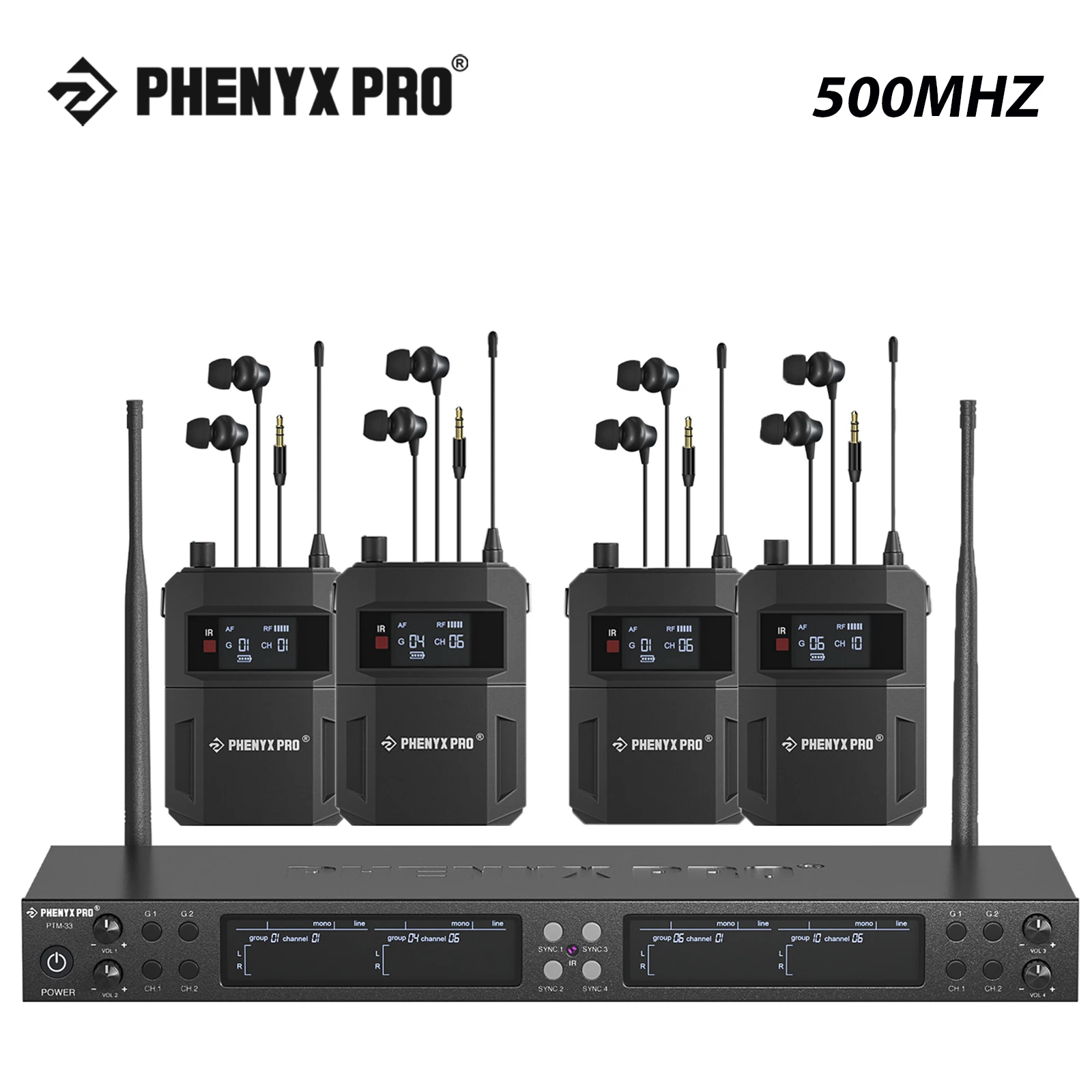 Phenyx Pro Quad-Channel 500mhz Mono Wireless In-Ear Monitor System w/4 Loop Outputs UHF Frequencies Rack Mount for Studio/Band