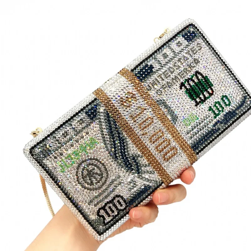 Handmade Diamond-encrusted Dinner Bag Bundle Of US Dollars Flat Bottom Full Diamond Banquet Dress Small Square Bag Taschen Damen