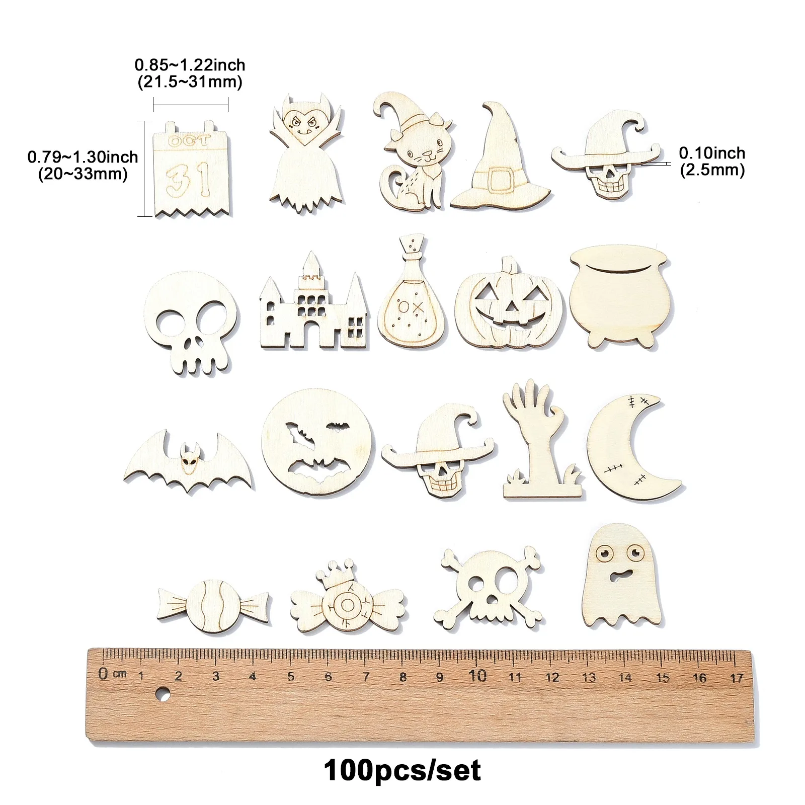 200Pcs Random Halloween Wooden Ornaments Unfinished Blank Skull Bat Moon Wood Slices for Halloween Decoration DIY Supplies