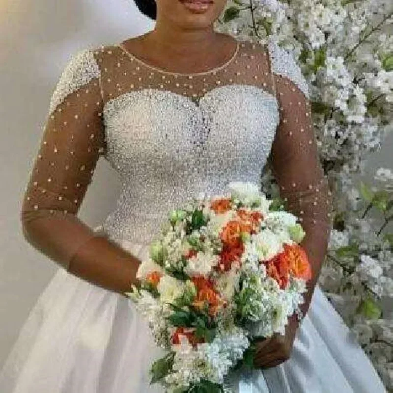 Vestido De novia africano con perlas brillantes personalizado, bata De matrimonio con tren De barrido, vestido De novia De manga larga De talla grande