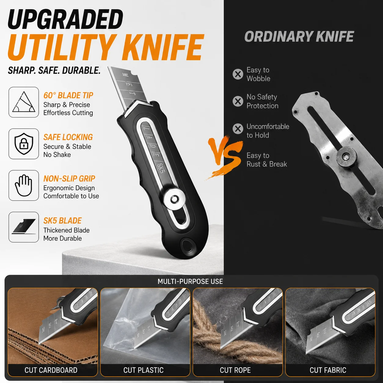 Multifunction Utility Knife Stainless Steel Box Cutter SK5 Blade for Paper Carton Plastic Wallpaper Cutting