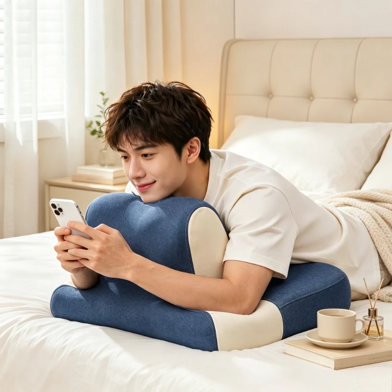 Multifunction Prone Pillow Zoned Support Dark Blue Bed Backrest Cushion Removable Washable Cover for Reading Phone Rest 다기능 쿠션