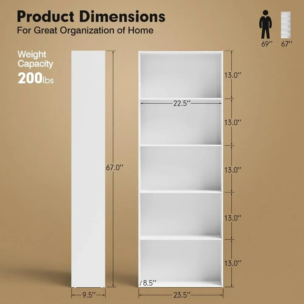 5ชั้นวางหนังสือ, 23.5 ''L X 9.5' 'W x 67'h, ที่เก็บของทำจากไม้อเนกประสงค์แสดงชั้นวางหนังสือแบบเปิดสำหรับสำนักงานบ้าน