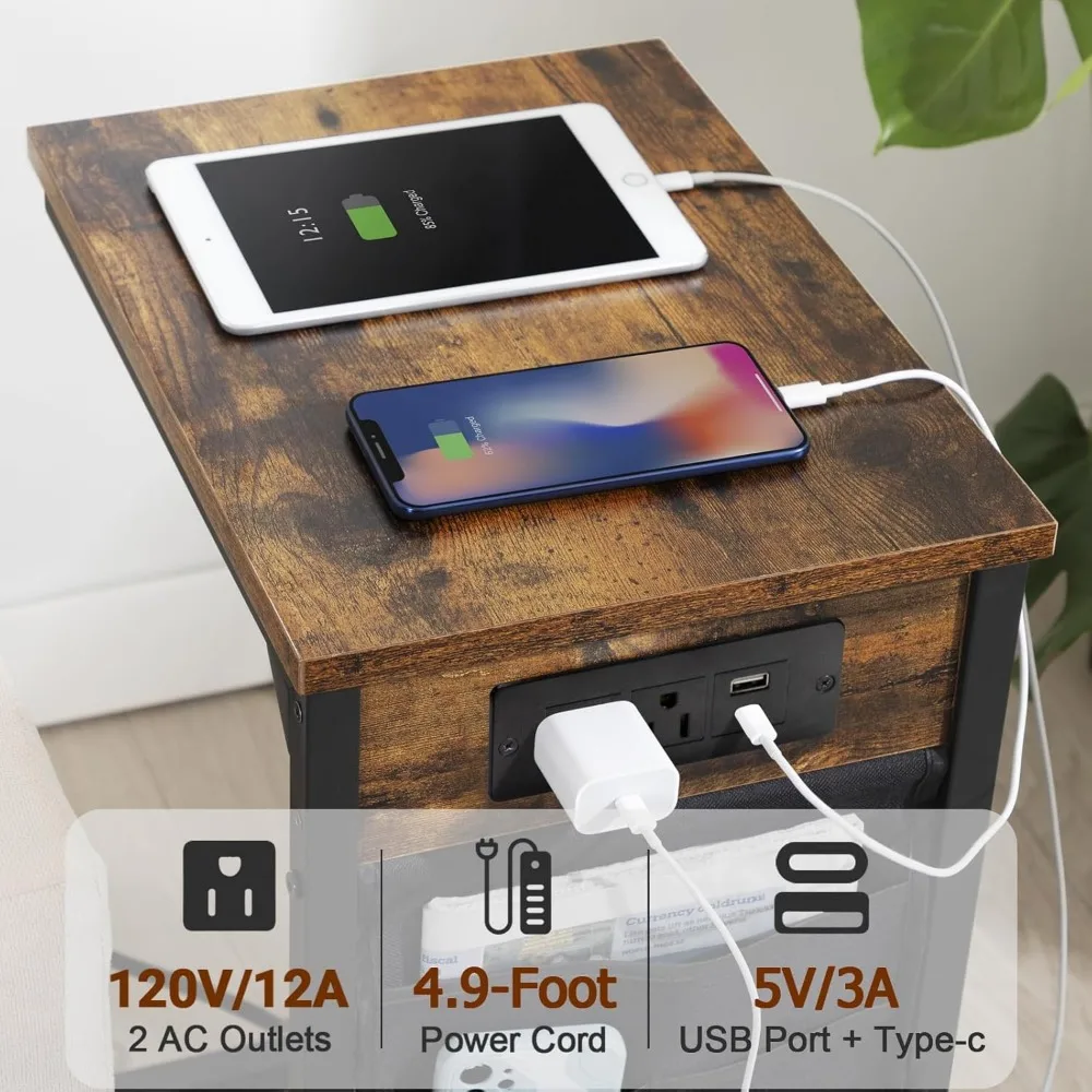 AMHANCIBLE Table d'appoint en forme de C avec station de recharge, plateau TV lot de 2, tables de canapé avec sac de rangement, table coulissante sous le côté du canapé