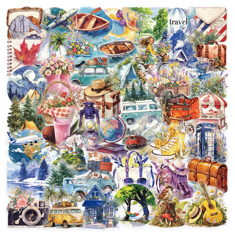 

10/30/50pcs Transparent Watercolor Outdoor Travel Stickers Cartoon Fresh Style Sticker Suitcase Phone Notebook Aesthetic Decals