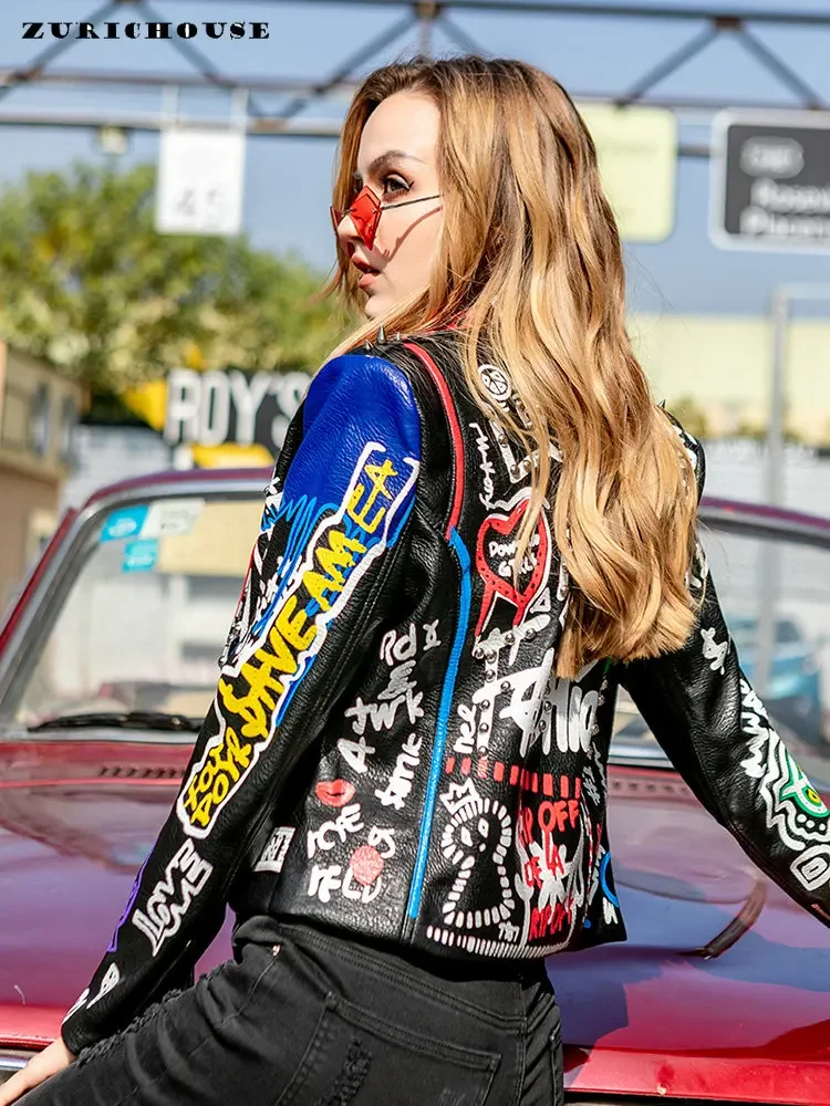 ZURICHOUSE Personality Graffiti Print PU Leather Locomotive Jacket Women Slim Short Streetwear Punk Rivet Jackets Female