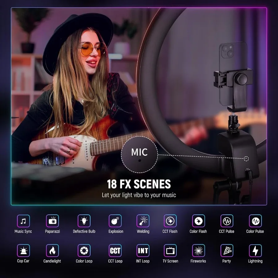 18 Inch RGB LED Ring Light Kit with Reversible Tripod Stand and App Control for iPhone Ultra Slim Design Ideal for Makeup Appli