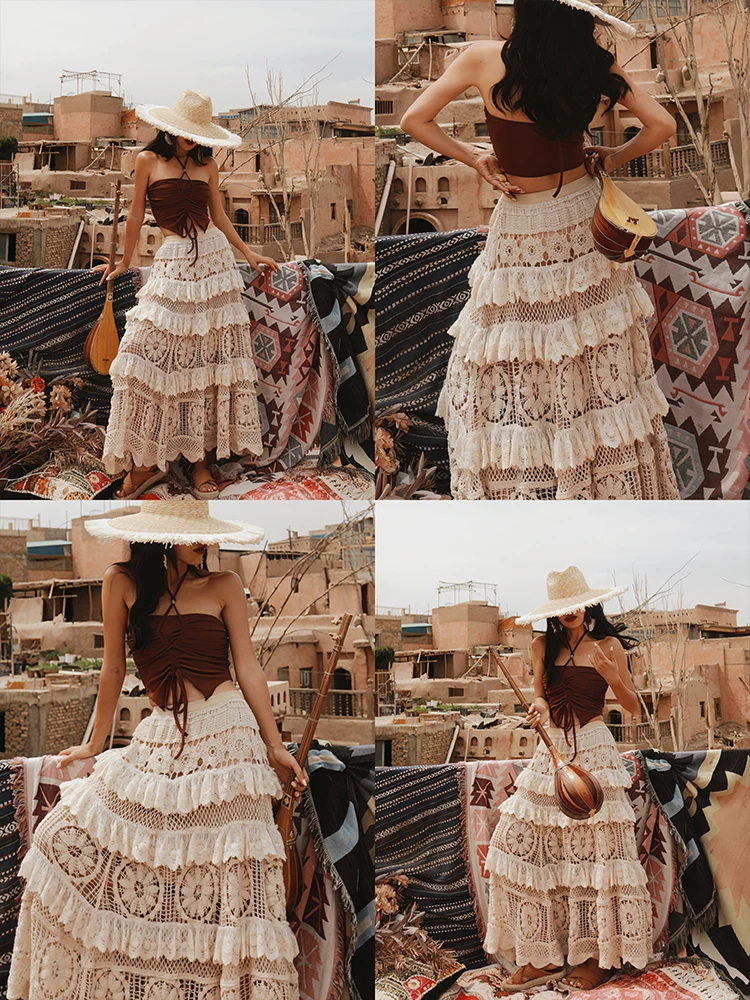 Heavy Industry Style French Lace Crochet Hollow Mesh Knitted Skirt Women\'s High Waist Mid-Length Tiered-Ruffle Dress Y2k Skirt
