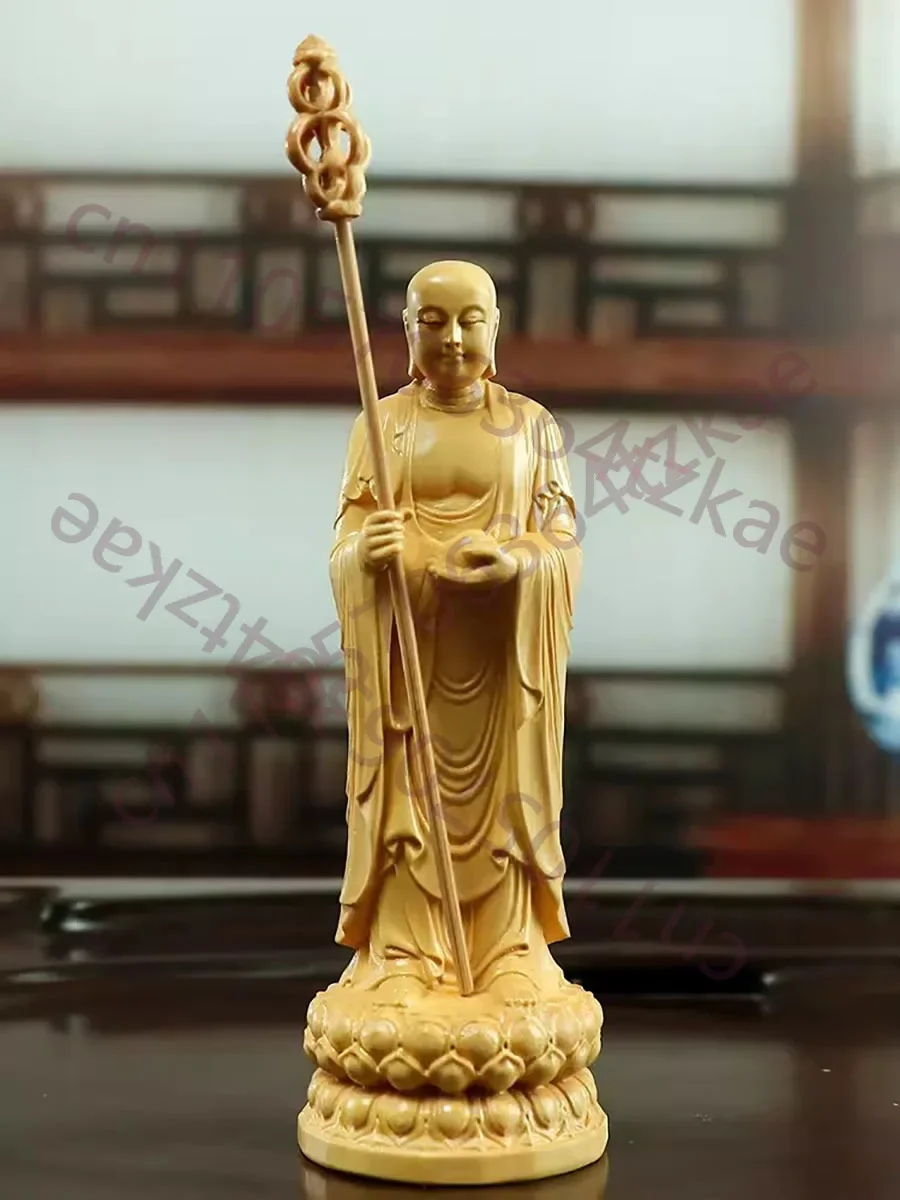 Wooden Carving Art of Buddha Statue in Living Room of Tibetan Ksitigarbha Bodhisattva, Ornament Figurine, Enshrine and Worship