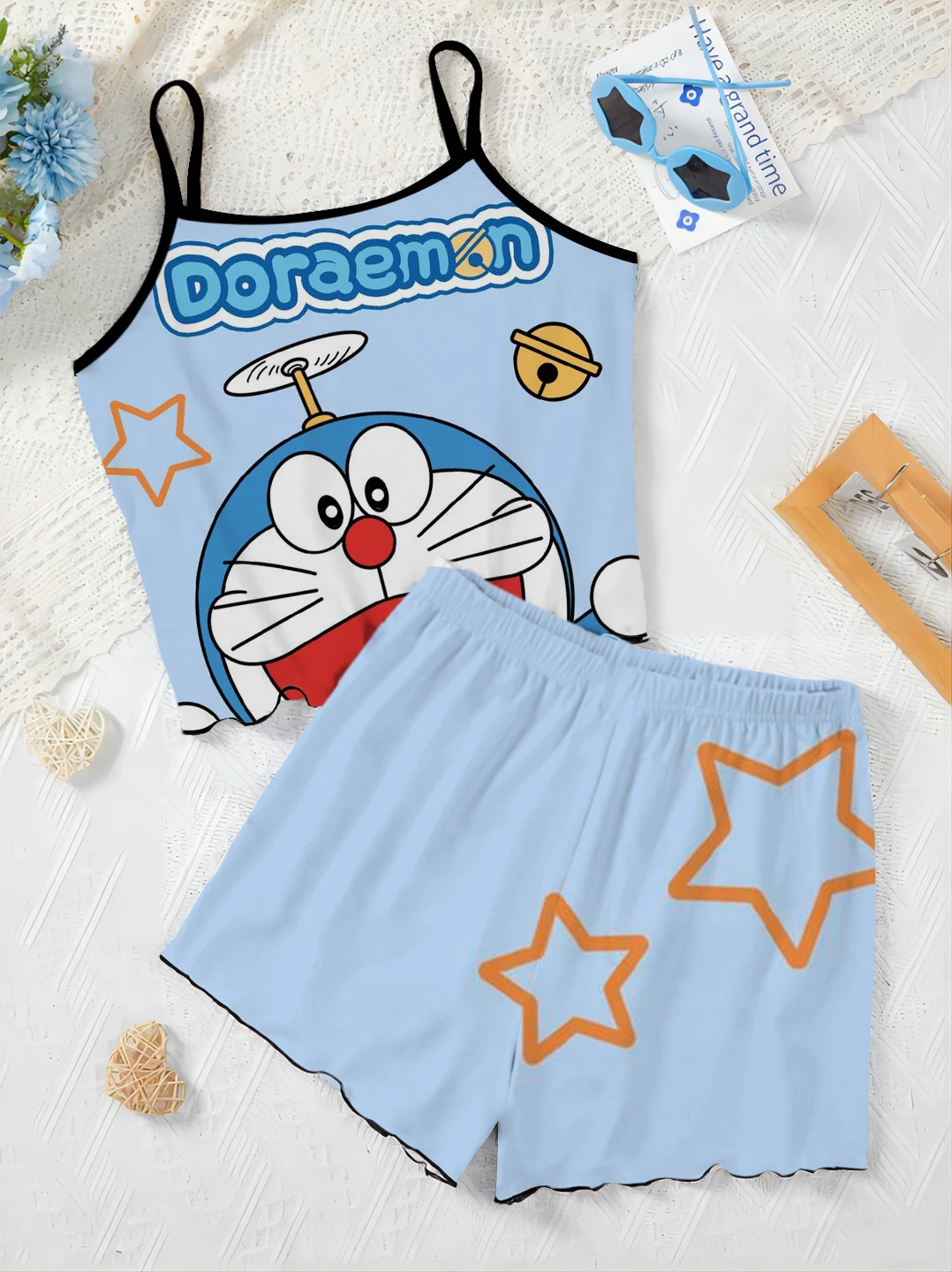 Elegant Women's Sets Slip Dress Lettuce Trim Top Pajama Skirt Vacation Outfits Woman 2024 T-shirt Doraemon Pieces Short Suit Top