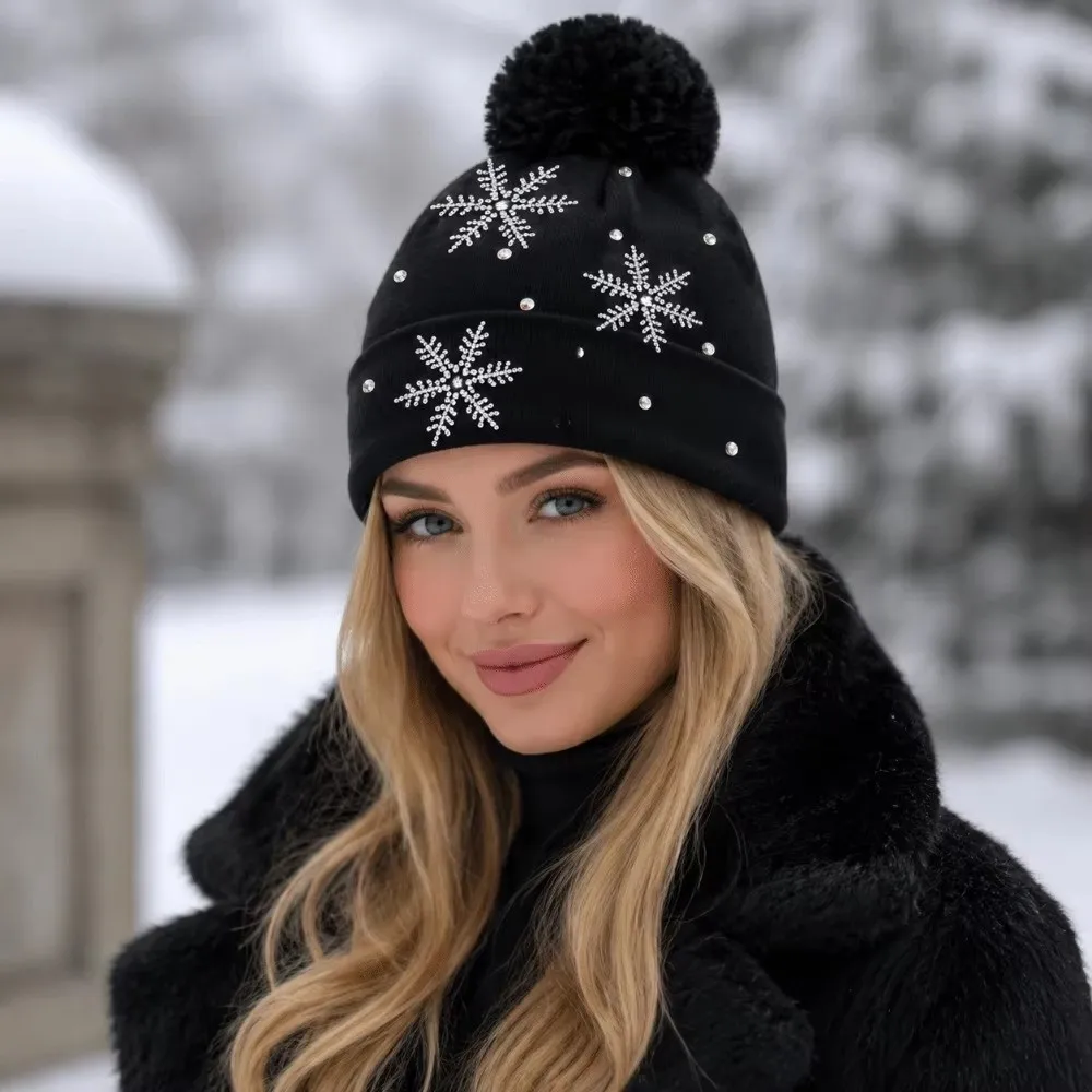 Thickened Women Snowflake Knitted Hat Ear Protection Snowflake Rhinestone Winter Balaclavas Cap Keep Warm Elastic