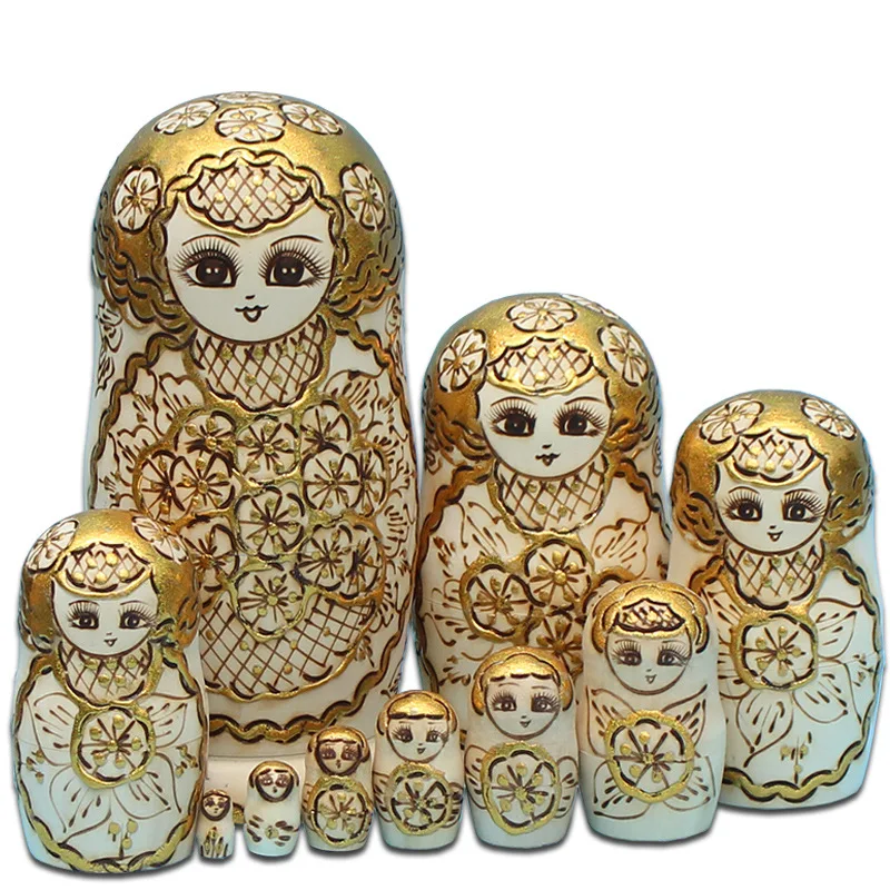 10pcs/set  Wood Doll Russian Nesting Dolls Golden Matryoshka Dolls Creative Christmas Gifts Traditional Matryoshka Dolls Toys