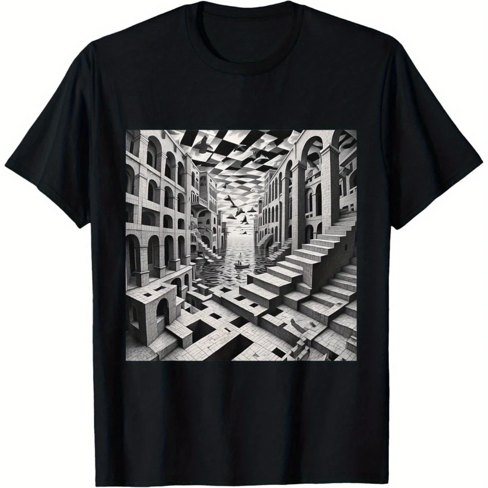 Unisex Black M.C. Escher Inspired Optical Illusion T-Shirt Casual Round Neck Tee All Season