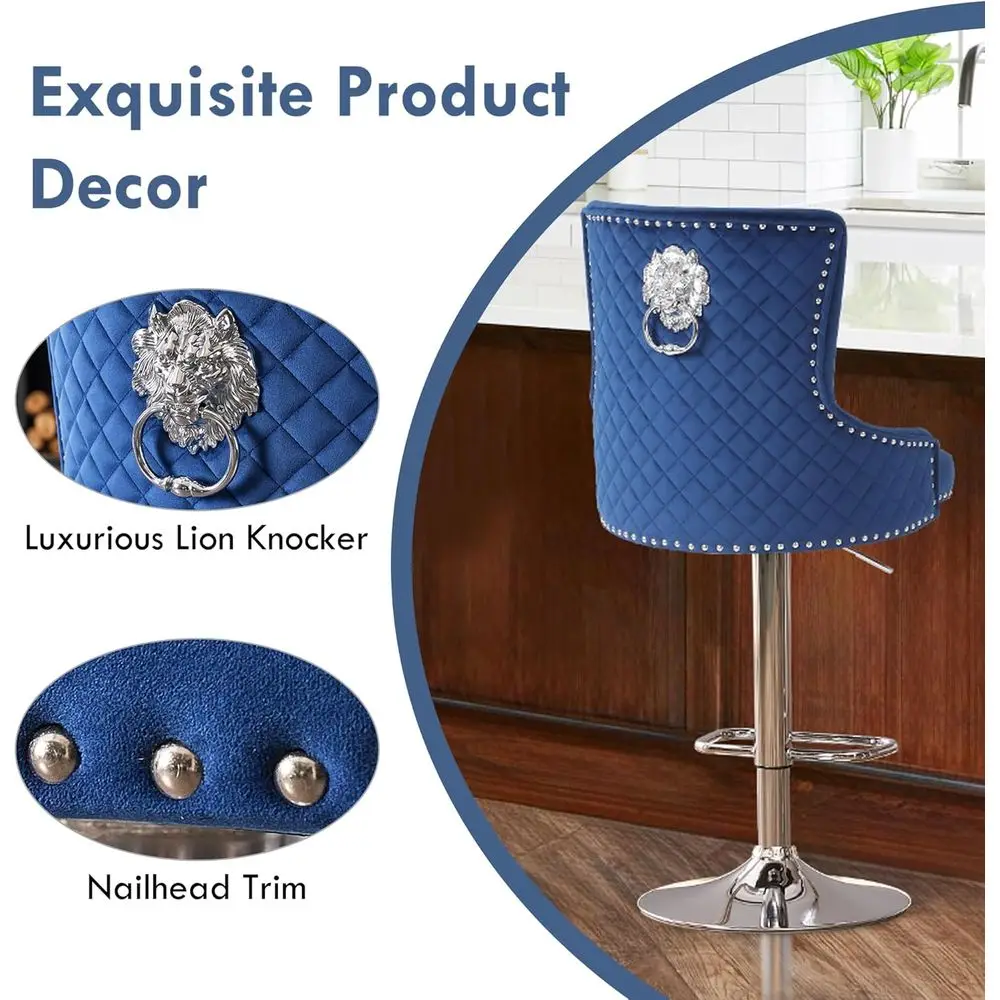 Set of 4 Velvet Swivel Bar Stools with Lion Pull Ring, Upholstered High Back Counter Height Chairs, Modern Adjustable Kitchen Is