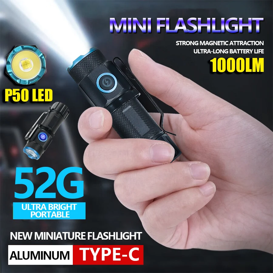 High Power P50 LED Mini Flashlight Hat Clip Torch with Tail Magnet USB Rechargeable Outdoor Camping Fishing Emergency Lantern