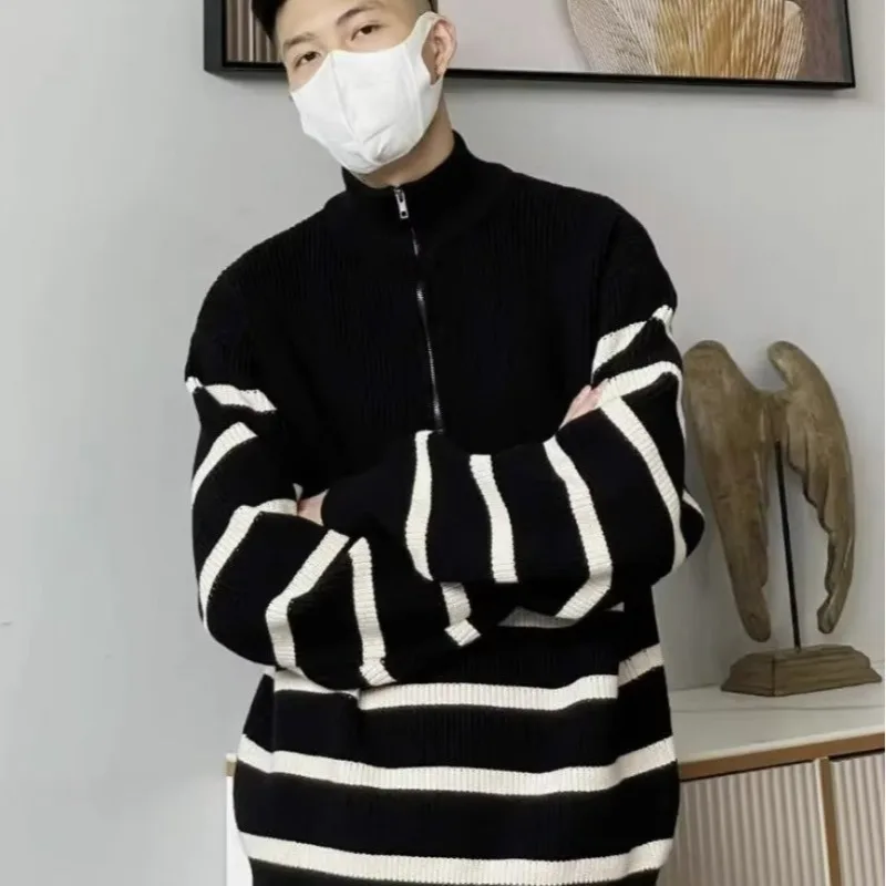 سترة بلو للرجال كاجوال مخططة اللون مقاس كبير 300 بوق شتوي محبوك irt فضفاض مناسب للشباب Sle طويل Sve بيسبول...