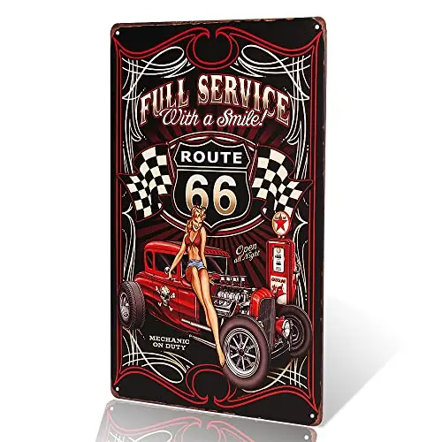 dingleiever-Full Service Hot Rod Route 66 Die Cut Metal Sign pin up girls with smile vintage Garage wall art