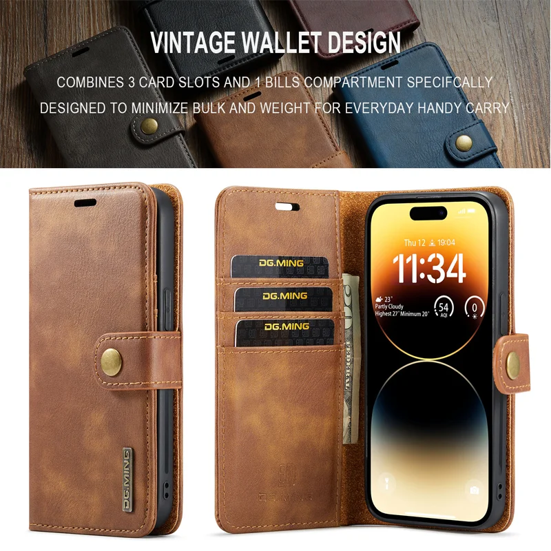 For iPhone 15 14Pro Max 13 12 11 Pro Max Plus XS X XR Deluxe removable magnetic wallet flip cover cell phone leather case