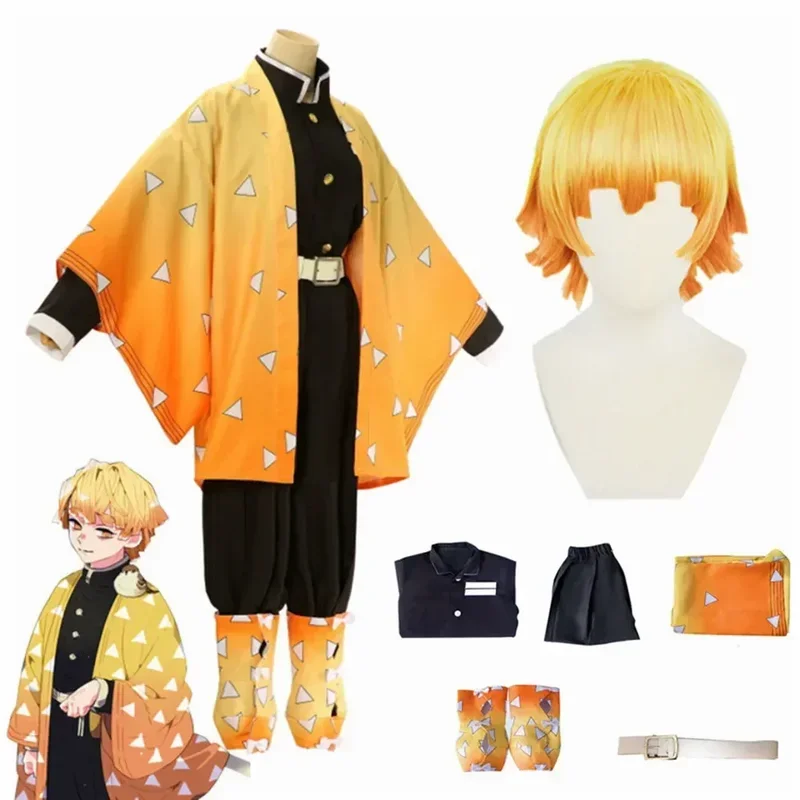 SN55 Anime Agatsuma Zenitsu Cosplay Costume Kimono Halloween Clothing Party Uniform Wig Women Kids$5Q@1