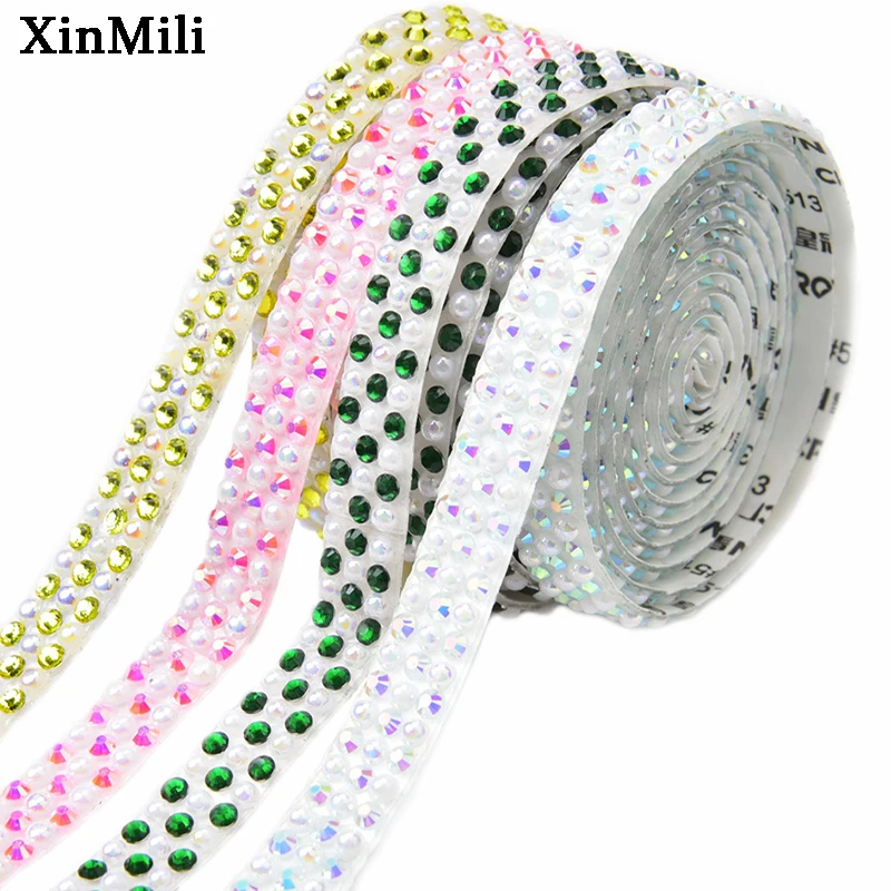 5 Yards White AB Pearl Rhinestone Self Adhesive Stiker Ribbon Tape 1cm Wide Resin Crystal Applique Mesh for Wedding Home Decor