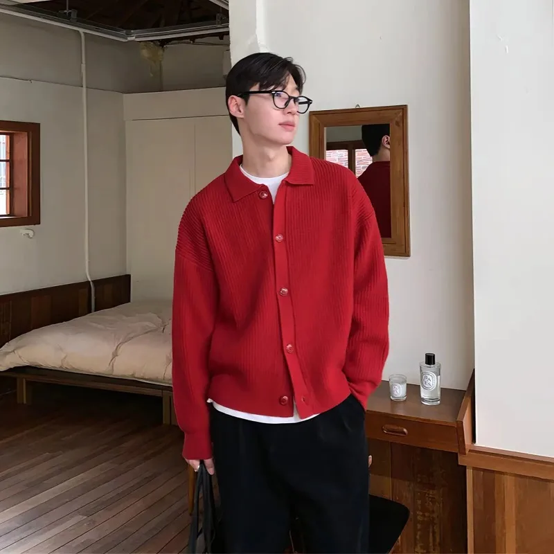 Loose Casual Knitted Cardigan Men's Spring Autumn Korean Style Lapel Open Front Sweater Comfortable Lazy Style Top