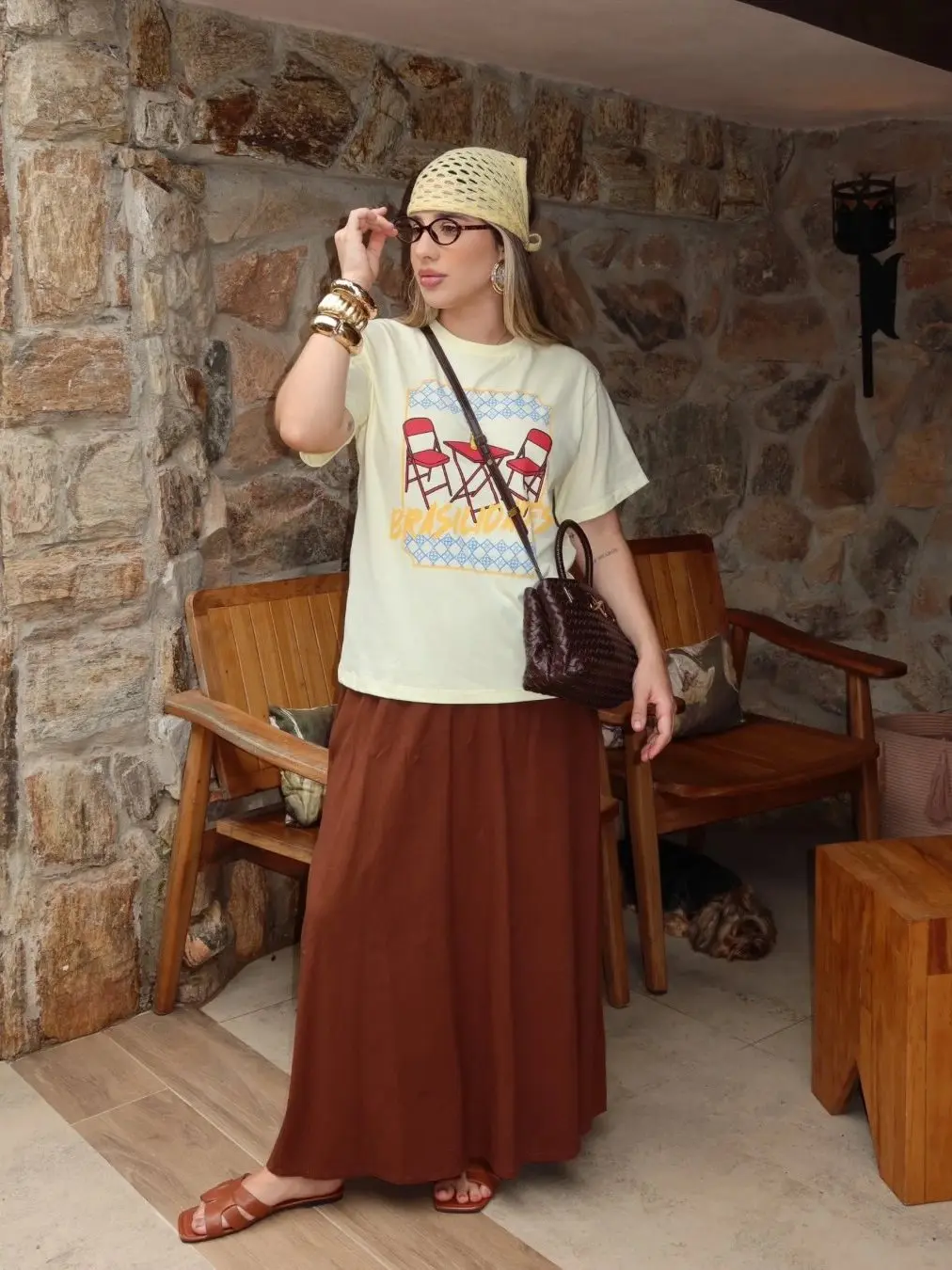 Vintage American Summer Table Chair Print T-Shirt Women Loose Fit Short Sleeve Pure Cotton Yellow Top for Young Ladies