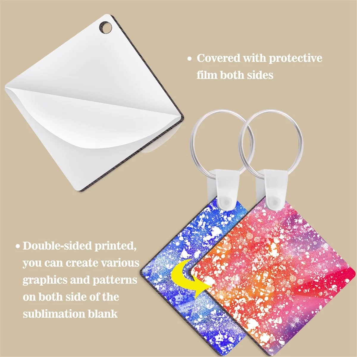 B59A 120 Pcs Square Sublimation Keyring Blanks Set with Double Side Heat Transfer Keychain for DIY Keychain and Craft