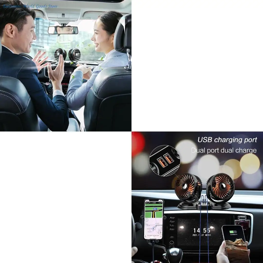 A3PD Universal USB 5V 360 Degree Rotation Dual for Head Fan Large Wind 2 Gears Car Fa