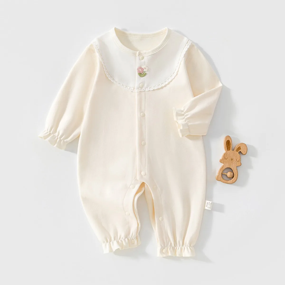Soft Cotton Baby Girl Romper Long Sleeve Ruffled Cuffs Round Neckline Newborn Onesie Infant Jumpsuit Spring Autumn 0-18M