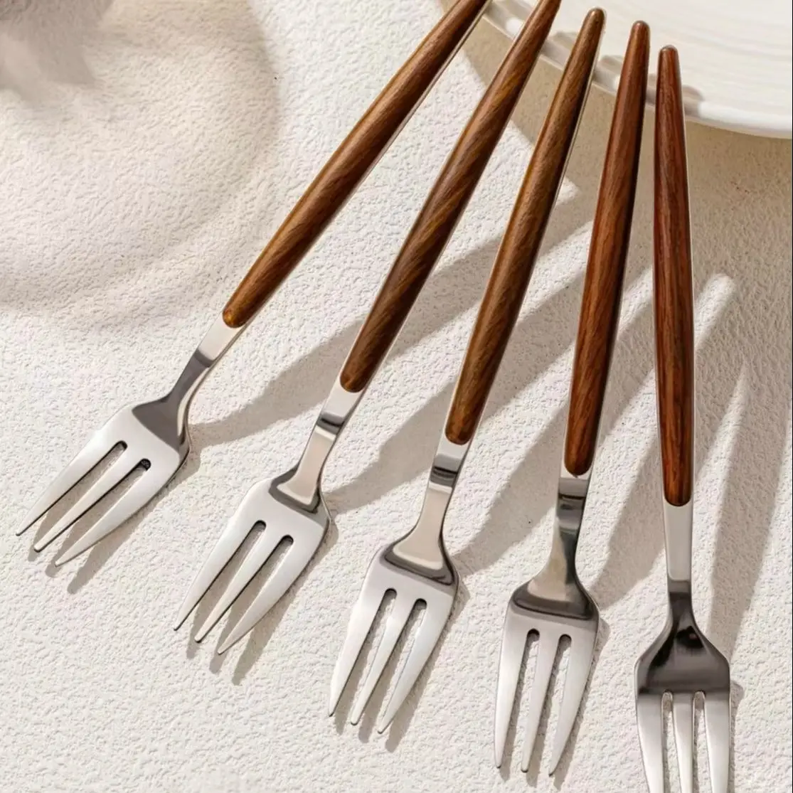 Imitation Walnut Wood Handle Western-Style Knife, Fork, and Spoon Stainless Steel Cutlery Dessert Fruit Salad Fork and Spoon Main Course Knife, Fork, and Spoon 5Pcs