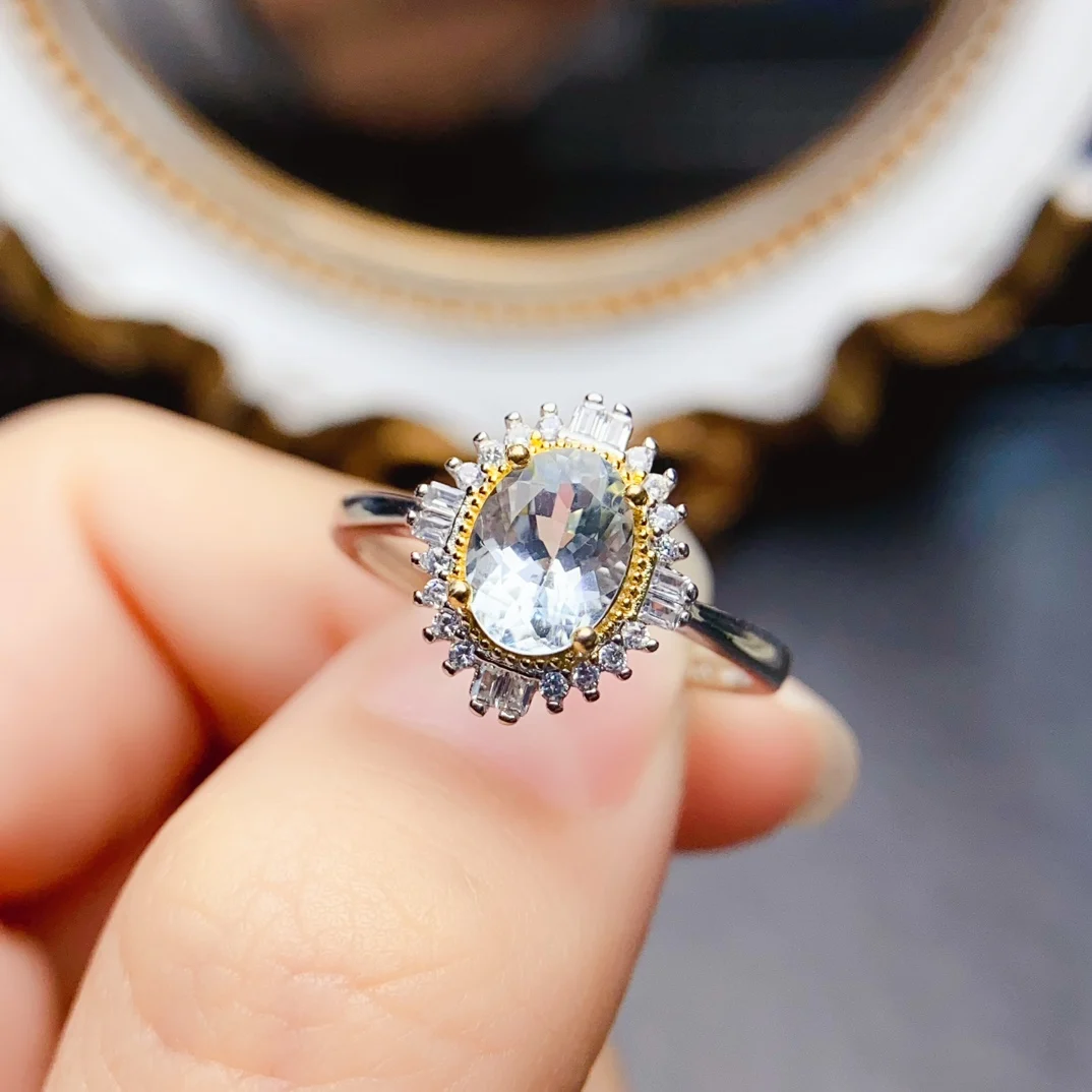 FS 6*8mm Natural Aquamarine Ring S925 Sterling Silver Fine Charm Weddings Jewelry for Women Certificate MeiBaPJ Christmas Gift