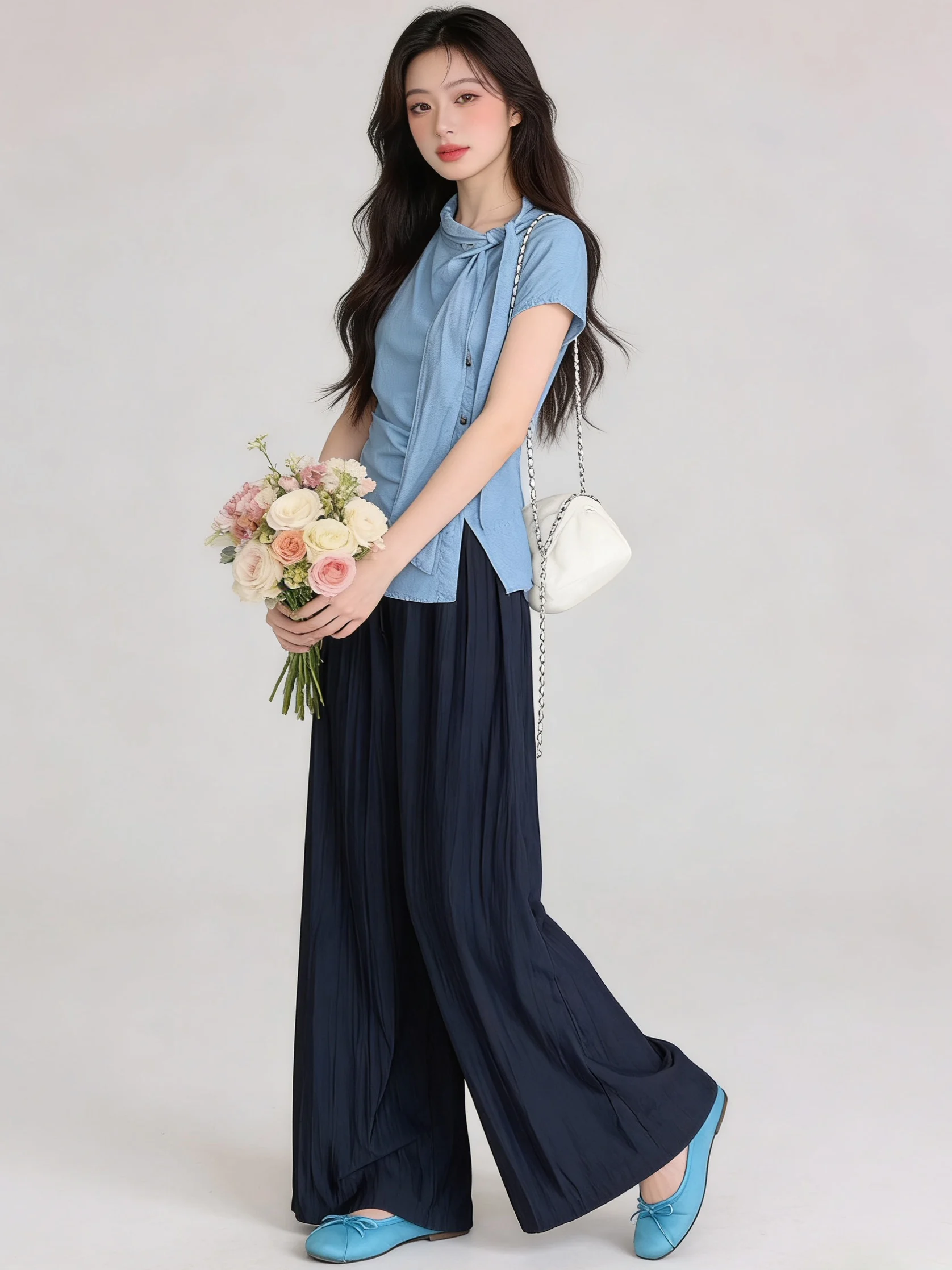 Summer OOTD Design Sense Pleated Waist Cinched Short Sleeve Shirt Top Wide Leg Pants Women's Two Piece Set Fashion Ensemble