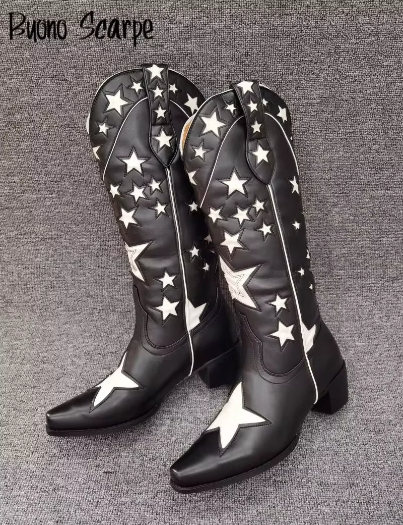 Embroidery Western Cowboy Boots Women Chunky Heel Platform Pointed Toe Knee High Shoes Mujer Knight Boots Casual All Match New